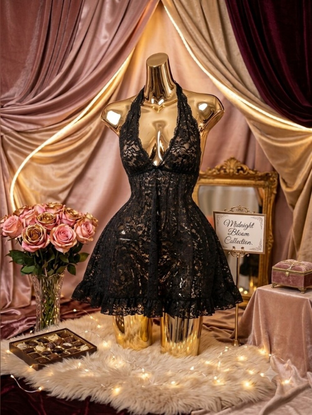 La SENZA Black Lace Halter Babydoll Chemise